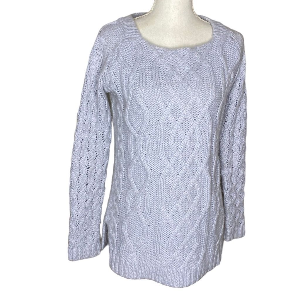 Zara Knit Baby Blue Boat Neck Collar Wool Alpaca Blend Chunky Cable Knit Sweater